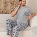 Sude HOMEWEAR Erkek Ekoseli Cepli Kısa Kollu Pijama Takımı