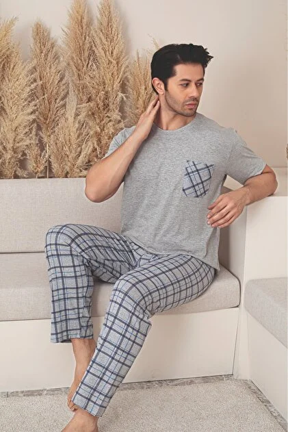 Sude HOMEWEAR Erkek Ekoseli Cepli Kısa Kollu Pijama Takımı