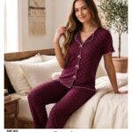 Sude Kadın Pointelle Gömlek Kısa Kol Uzun Pijama Takım