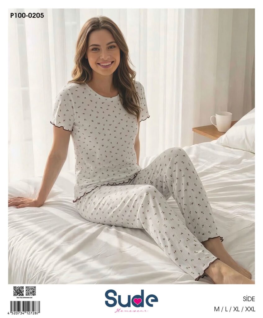 Sude Kadın Pointelle Kısa Kol Basic Yaka Uzun Pijama Takım