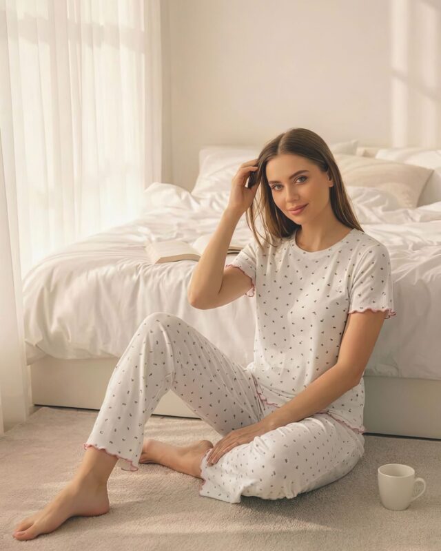 Sude Kadın Pointelle Kısa Kol Basic Yaka Uzun Pijama Takım