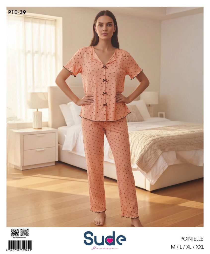 Sude Kadın Pointelle Kısa Kol Gömlek Uzun Pijama Takım